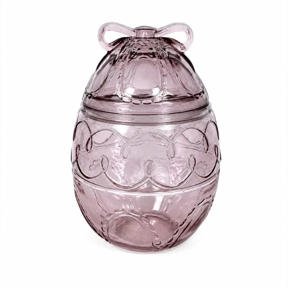 Vintage Anchor Hocking Glass Large Pink Easter Egg Canister Jar Bow Cookie Jar